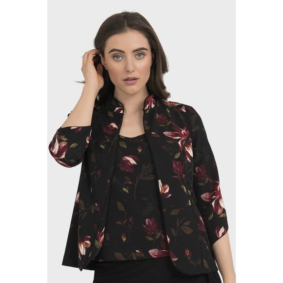 NWT Womens Size 10 Joseph Ribkoff Black Dark Floral Pattern open Front Jacket - Picture 2 of 4